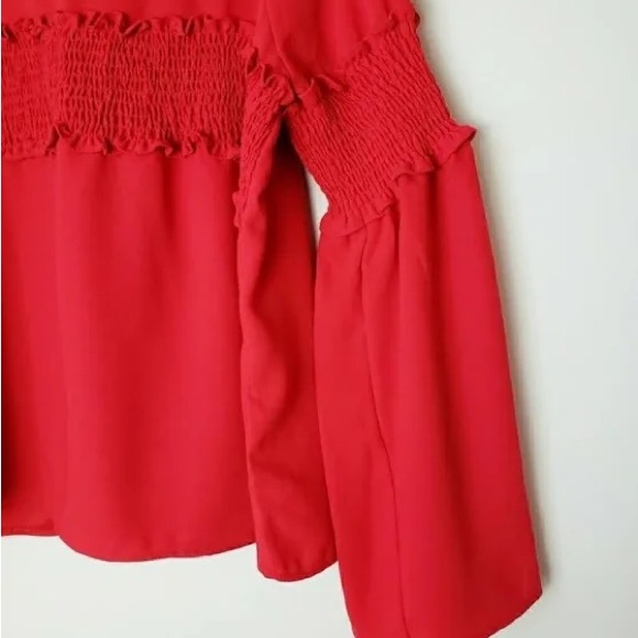 Amaryllis Apparel ruffled blouse Long Bell Sleeves solid Red Size Small - Picture 15 of 15